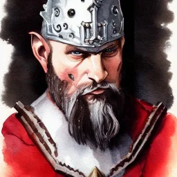 dungeons and dragons, fantasy, dwarf, dark priest, full plate armour, ironclad, dark silvery metal, dark red glow, watercolour, large strokes, distinct face, portrait, head