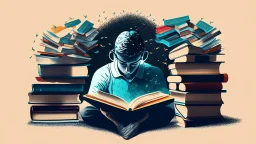 Description of the image: An image representing a person engaged in focused reading and learning, with books and articles spread out in front of them, symbolizing dedication to continuous learning and self-improvement.