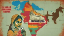 indian lady on phone with warning poster of russian map