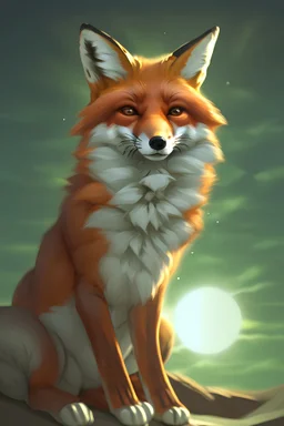 The fox holding the sun in his hand, in the dark space, the earth is bigger than the sun