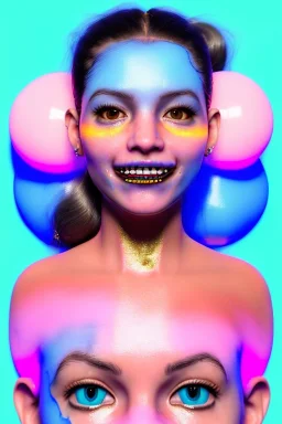 Ultra Realistic image, Rosalía artist, smile portrait, waist up portrait, long black eye line, sweet face, gold pink and blue geisha style, spray glow make up, led lights, neon, led piercing nose, gold teeth, led ornament, fog, oversized bubble latex coat, vibrant color, highly detailed, art stations, concept art, smooth, unreal engine 5, god rays, ray tracing, RTX, lumen lighting, ultra detail, volumetric lighting, 3d, finely drawn, high definition, high resolution.