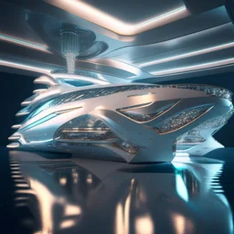 Futuristic cozy superyacht silver design, diamond-framed impressive, movie lighting, high resolution, 8K