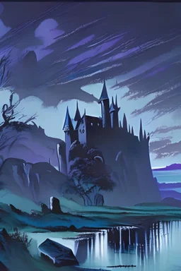 gothic landscape, simple, thick brush strokes, painting, Matisse, retrofuturism , water color style brush lines, dark rock in distance, a castle appearing even further in the depth of the land, dark tones, contemporary art, hyperrealistic, soft, expressionism, overlooking the land, liminal lighting, 80s dark color palette muted , horror cut, horror illustration magazine graphic design, gothic landscape, romantic,