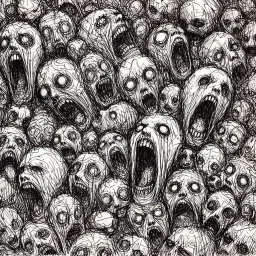 sketch line, rought, of faces on a pages, screaming and sad, demented, mad, journal