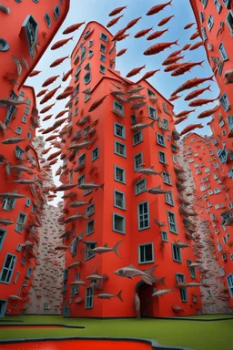 A crazy surreal building with flying fishes by artist "Sandy Skoglund",by artist "Hundertwasser",by artist "Victor Enrich"