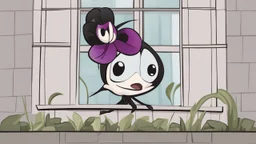 Cartoon black orchid in window scaleblack