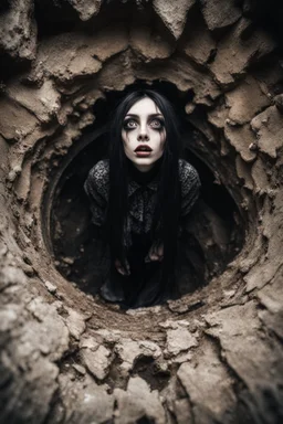 Closeup tall Girl goth with big eyes, fullbody, claustrophobic really, crushed inside, ragged clothes, the perspective looking up from the bottom of an empty well , 8k,macro photography,