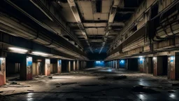 An abandoned underground mall, with dark aisles and dust-covered shops, where neon lights flicker faintly