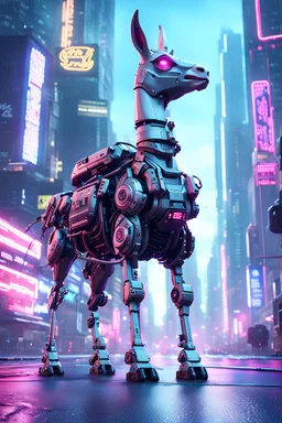 Expressively detailed and intricate 3d rendering of a hyperrealistic cyberpunk city, a close up shot of a cyborg llama walking down the street, dystopian, neon, side view, symetric, artstation: award-winning: professional portrait: fantastical: clarity: 16k: ultra quality: striking: brilliance: amazing depth: masterfully crafted.