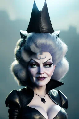 Mae West as evil queen in black leather, leather, busty, cleavage, angry, stern look. character design by cory loftis, fenghua zhong, ryohei hase, ismail inceoglu and ruan jia. unreal engine 5, artistic lighting, highly detailed, photorealistic, fantasy