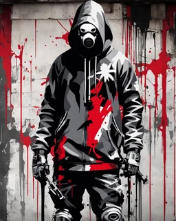 Banksy style. Grafiti. Full body. Dynamic masterpiece of a hooded and gas masked killer Cyborg, his eyes are intense. Red, white and black colors, (((full body)))