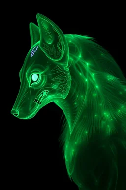 A transparent, hollow, glowing, wolf , a side view photo , 8k, high resolution for a big head alien in dark green