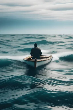 a man in row boat against the tied of the ocean