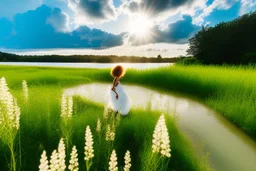 shot from front ,green field and wild flower field ,beautiful girl in pretty dress curly hair walking in water toward camera in trees next to wavy river with clear water and nice sands in floor.camera capture from her full body front, spring blosom walking to camera ,wild flowers moving in the wind ,blue sky,moving pretty clouds ,joy full facet.