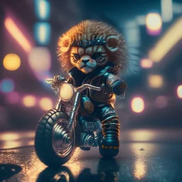 A Sharp Kawaii tiny hyper realistic baby lion riding mini harley davidson, wearing bikers clothes with kick boxing action, night of cyberpunk city background. wide angle full body, 8k, Cinematography, photorealistic,epic composition Unreal Engine,Cinematic, Color Grading, Portrait Photography,Ultra-Wide Angle, Depth of Field, hyper detailed