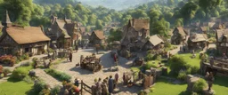 A busy village market in a beautiful sunny countryside scene with distant hills & fields, many conjoining intricate characterful dwellings & a clock-house (all designed by Esher), with pathways & walkways, stairways & bridges, waterfalls & a waterwheel : ultra high detail, photorealistic, epic cinematic, 8K, Large depth of field