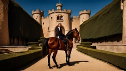 king on his horse in the castle courtyard