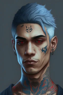 Light brown skin, red eyes, straight short blue-grey hair, snake tattoo on neck, black clothes, round face, man