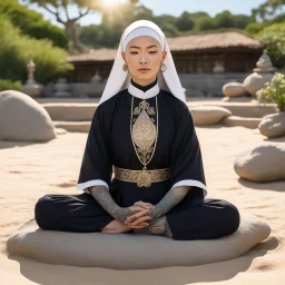 Clara free spirit is a gangsta nun covered by tattoos faces the camera, meditating in the lotus position on a rock outside, under the sun. The serene setting of a sunny zen garden surrounds her, the sand meticulously raked in intricate patterns.