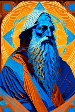Portrait of Moses the patriarch in a zen mood the desert fantasy with sacred geometry in blue and orange like Van Gogh