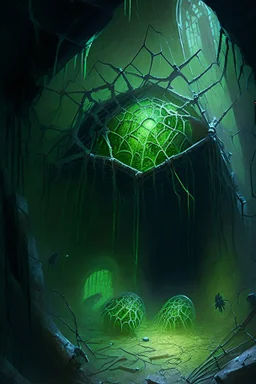 Abandoned spider lair filled with tiny spiders with green glowing eggs and tangled webs in ruined castle rpg art painterly