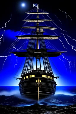 Wooden Ship front view with a Spider figurehead at night in a storm with giant waves