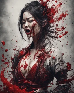 Tall girl samurai, face distorted with pain, screaming, tears streaming from eyes, siting pose, fullbody, splashes blood, behind guts rising from the ground, intricate, darkred tones, macro photography,