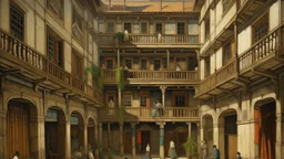 Pintura de un conventillo con gran patio central rodeado por galerías de madera, pequeñas habitaciones alineadas, ropa tendida y arquitectura envejecida, composición interior, iluminación natural, atmósfera comunitaria, gran riqueza de texturas.