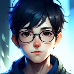 Young man with short black hair, blue eyes, round glasses, olive skin, anime style, front facing, looking into the camera