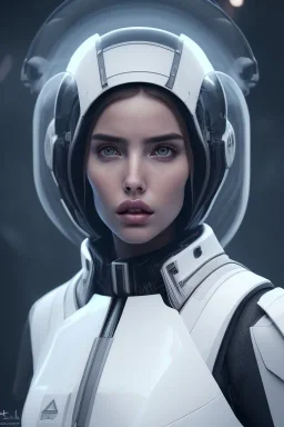 Ana de Armas, identical features, Black intergalactic pilot suit, portrait, bright white eyes, wearing high tech pilot breathing mask, beautiful face, white smoke, dark, rage, sorrow, high definition, ultra 8 k, volumetric lighting, blue fire, fog