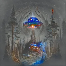 a black metal album cover showing a dark forest with a house in the distance and a UFO in the sky