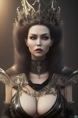 Xenia Onatop as evil queen in black leather, busty, cleavage, angry, stern look. character design by fenghua zhong. unreal engine 5, artistic lighting, highly detailed, photorealistic, fantasy