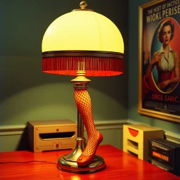 Color photography, HD, CGI, gaudy desk lamp which the lamp stem looks like a women's leg with fishnet stocking, movie poster, colorful movie still, 1940's aesthetic