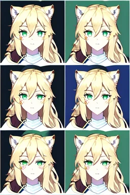 Druid character, young woman, cougar ears, cougar tail on lower back, blonde hair, long hair, green eyes, scars on body, animal hide armor, waist up portrait, 4k resolution, intricate details, ornate details, soft lighting, vibrant colors, retroanime, masterpiece, intricate eyeliner, dark eyeshadow, eyes, intricate tattoos, natural background