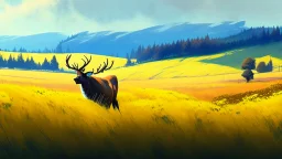 rolling hills of canola fields, elk in foreground, digital painting