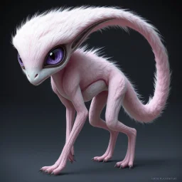 extraterrestrial being, female, bipedal, humanoid, otherworldly, pastel pink fur-covered skin, large lavender eyes, long feathery tail, alien, intricately designed, highly detailed, Greg Rutkowski