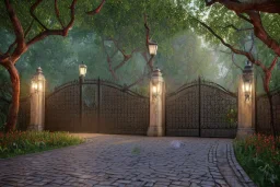 open iron gates made of colorful stained glass, covered in vines, trees, very large entry leading to a lush garden, see lot details in the garden, photo realistic 4k, nature, beautiful hand laid checkered pattern stone walkway path, trending on artstation, sharp focus, studio photo, intricate details, highly detailed, by greg rutkowski