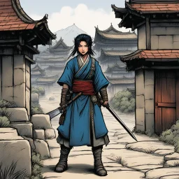 [art by Kevin Eastman and Peter Laird] this Nomadic Japanese woman stands at the border of the medieval town with her katana