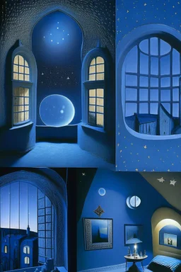 Interiors, from this window, see a starry sky, nightview, gaudi hadid";sharp focus"i can see the street below;by artist "Hans Memling";multiple focal points;" Giovanni Battista Piranesi";by photographer "Bernd & Hilla Becher";perspective" , like a dream, "Phoebe Wahl","dali magritte"