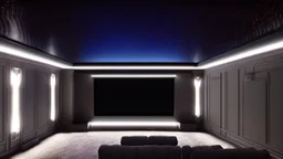 Generate an image of a sleek home cinema with a star-lined ceiling