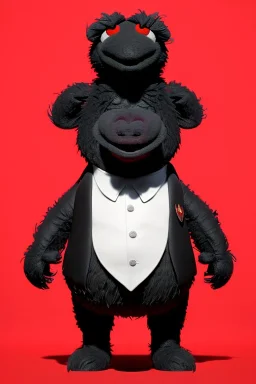 Waist up muppet Portrait, Kim Jong-un muppet doll, black suit, photo studio, red background, unreal engine 5, concept art, art station, god lights, ray tracing, RTX, lumen lighting, ultra detail, volumetric lighting, 3d.