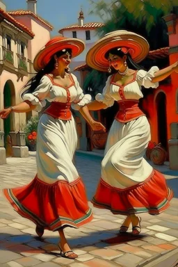 2 maxican woman dancing neoclassism traditional painting in mexican city