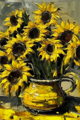 A jug of golden Sunflowers in the style of frank Auerbach