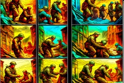 Masterpiece1:5)(Fineart), (award-winning:1.5), highest quality, war journalism, ink and colored pencil sketch of photocollage (by Gustave Doré, Jan Saudek:1.5),(Eastern Ukraine:(panel one:the moment after a battle ends, horrors of war, wounded men),(2nd panel, cinematic shot of men sitting in trench with 1000 yard stare (focus on their eyes:1.5)),(the third panel shows troops tired but hyper alert), (the fourth panel shows the sky is filled with incessant, fire and smoke everywhere,)