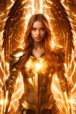 Photograph pretty girl Angel wearing armor long hair stand face front in impact picture,translucent and glowing metallic patterns,glowing metal objects hovering in the air and surrounding him,Electric arcs and sparks,flow of energy,translucent magnetic lines,golden and shimmering light effects