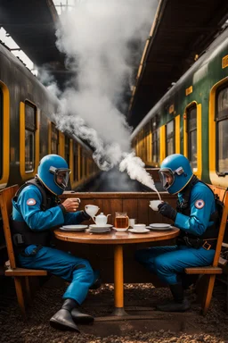 2 people in dive suits and flippers sit at a round garden table and drinking tea. They are sitting on a train track and a steaming train is coming right towards them