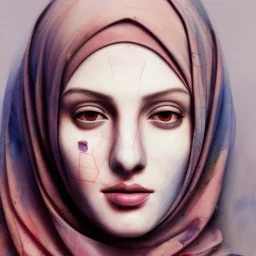 watercolor painting as woman's face, wearing hijab, fine detail, highly intricate, modern surrealism painting, fog, high-quality, volumetric lighting, 8k, ultrahd, George Grie, Marco Escobedo, Igor Morski,Brian Froud, Howard Lyon, Selina French,