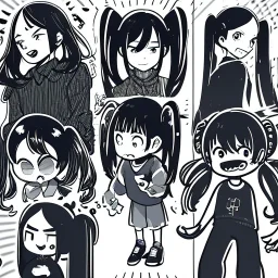 Clear focus, High resolution, rough line art, cute, cartoon, one side is a fluff cut, one side does not have hair but it does have one piece of hair that is medium length and sharp, both sides have medium length sharp locks on each side of her head, long twintails, smooth twintails, black hair, 1girl, (solo), grey eyes