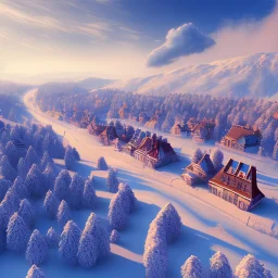 kleines Dorf, Schnee, wenig Häuser, Mitelalter, Vogelperspektive