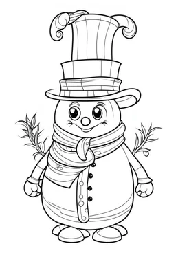 coloring page for kids, , cartoon style, thick outline, low details, no shading, no color, Traditional snowman with a carrot nose and top hat.